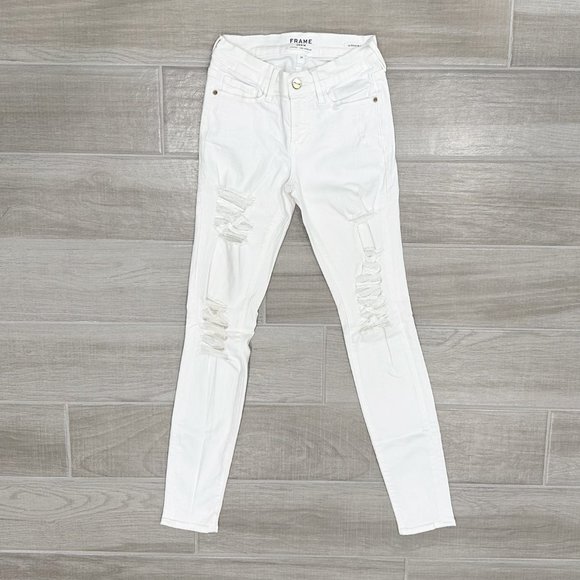 Frame Le Skinny De Jeanne Low-Rise Distressed Jeans in Ripped Blanc White Sz 24 - Picture 2 of 12